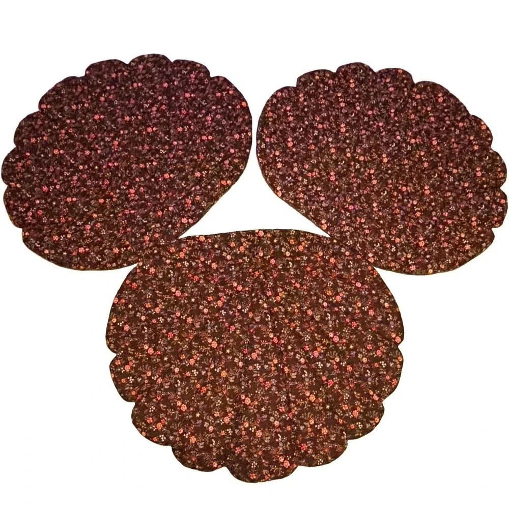 Vintage 3 Quilted Fabric Round Floral Placemats Scalloped Edge Brown Pink Set